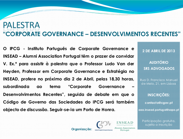 Convite Palestra Corporate Governance - Desenvolvimentos Recentes, 2 de Abril de 2013